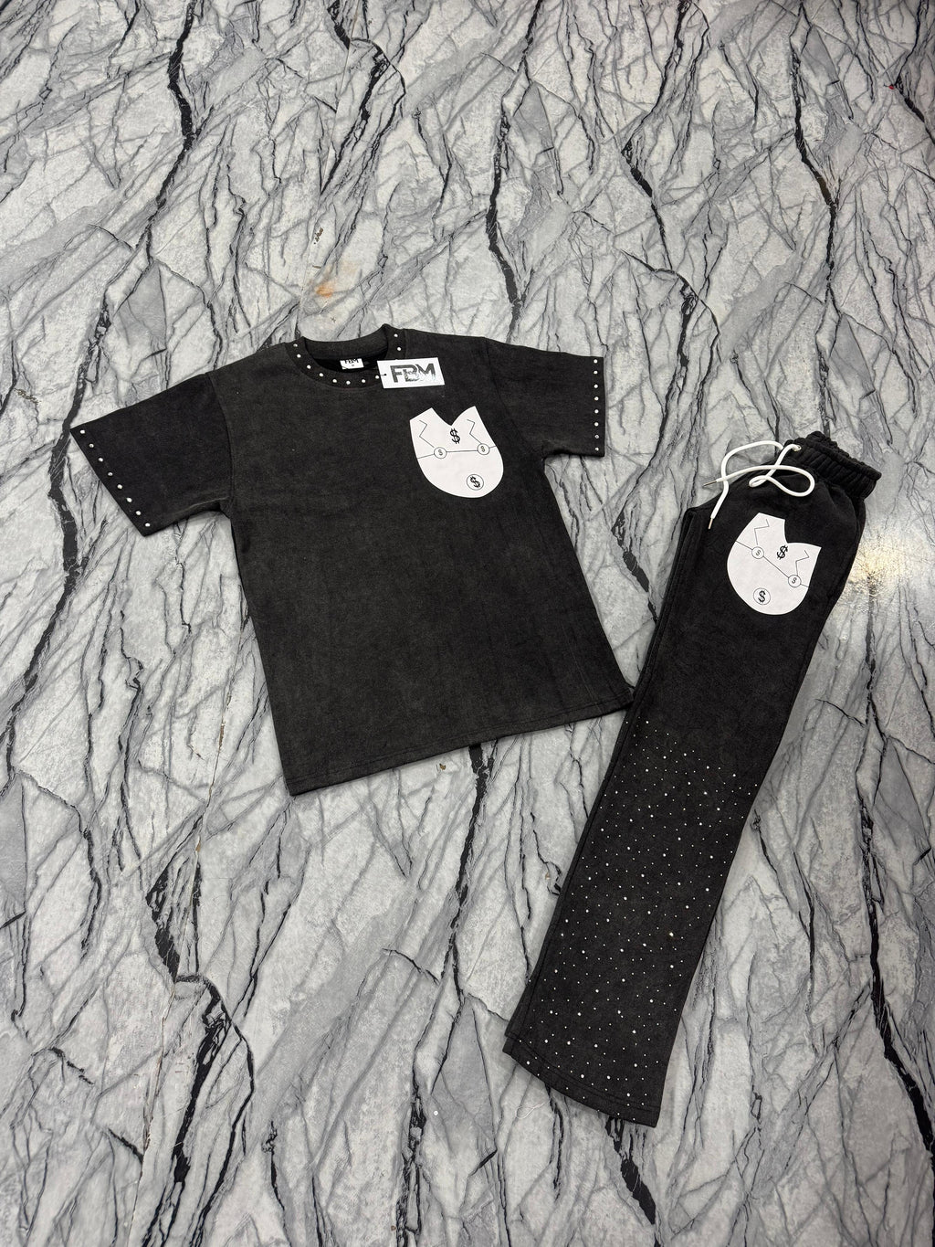 black acid wash rhinestones shirt and pants