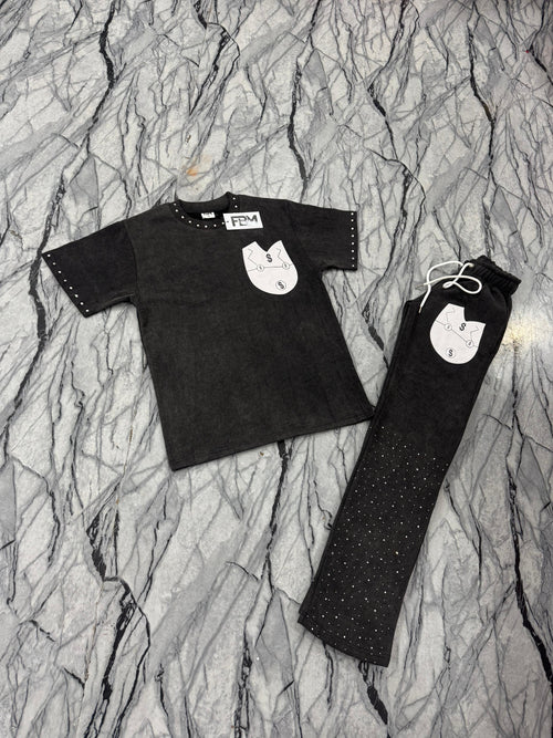 black acid wash rhinestones shirt and pants